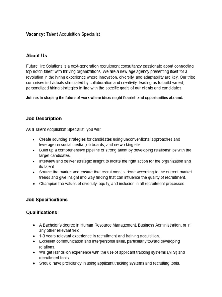 Talent Acquisition Specialist Vacancy | PDF | Recruitment | Business ...
