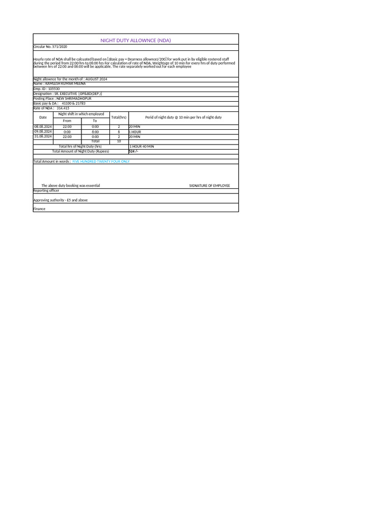 Night Duty Allowance Calculation | PDF | Employment Compensation | Expense