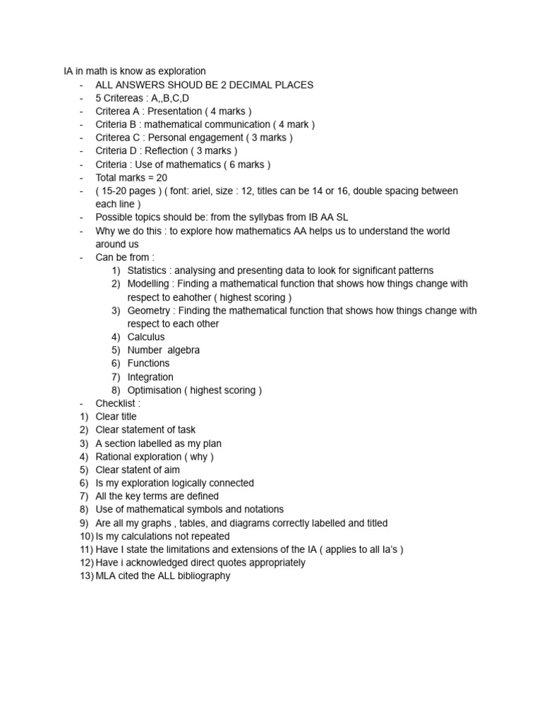 Math IA Guide: Criteria and Checklist | PDF