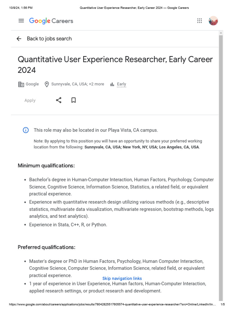 Quantitative User Experience Researcher, Early Career 2024 - Google ...
