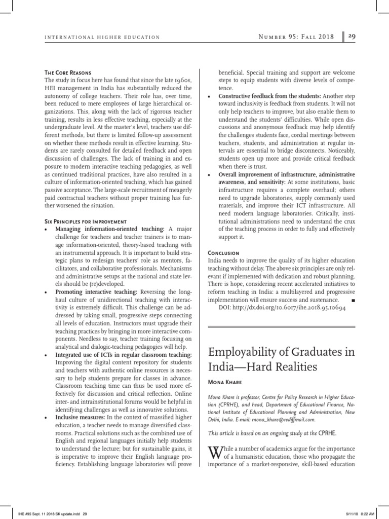 RESEARCH PAPER ON EMPLOYABILITY in INDIA | PDF | Teachers | Employment