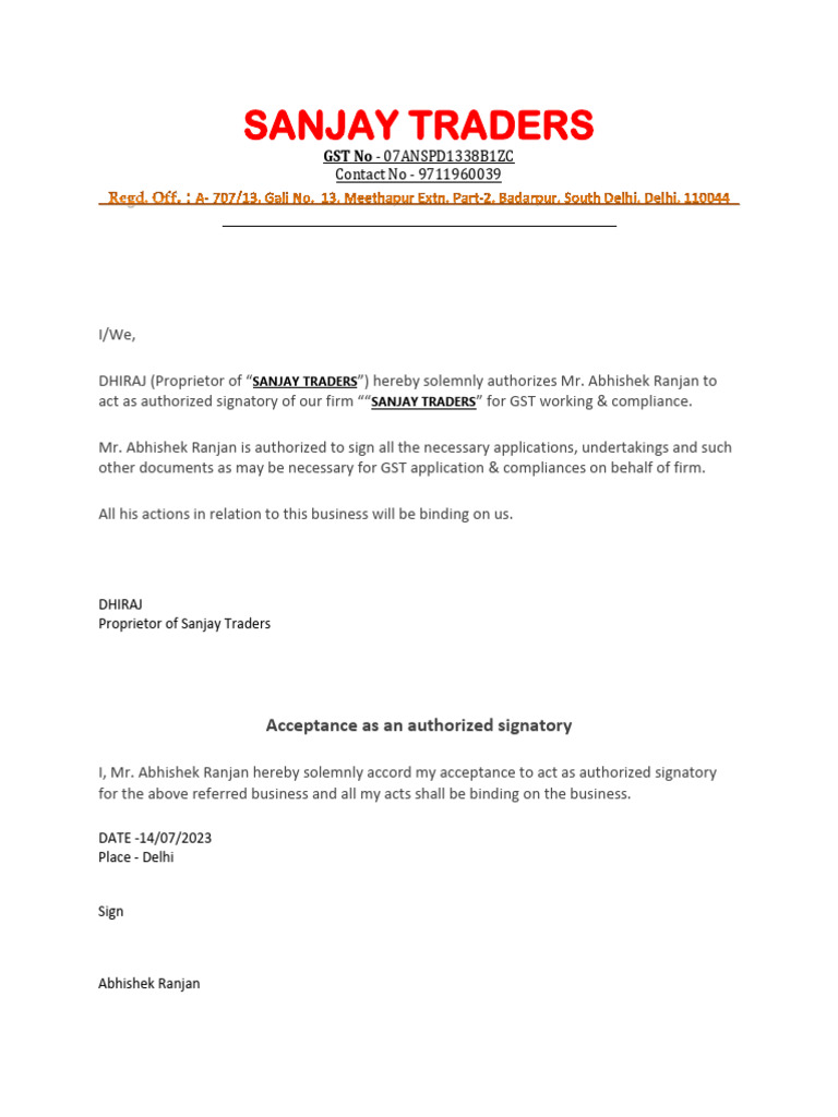 Authorized Signatory Declaration for GST | PDF
