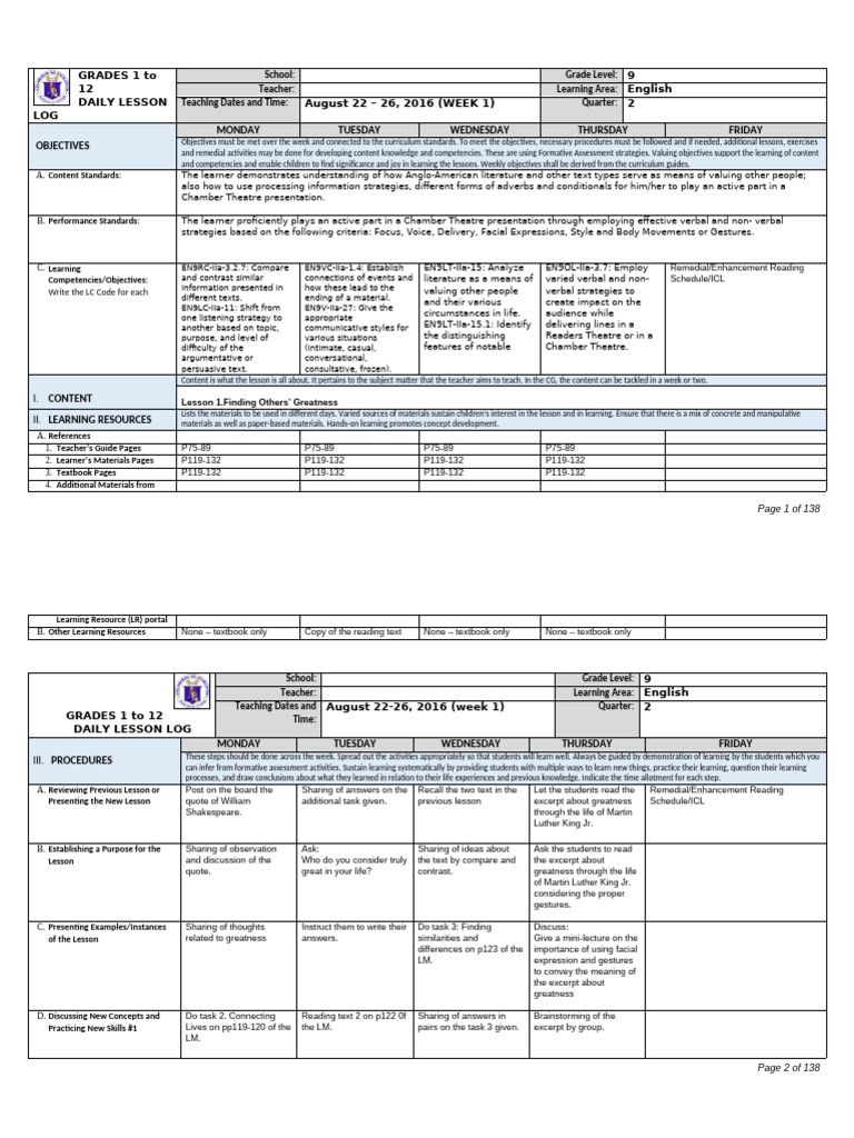 Grade 9 English Lesson Plan Week 1 | PDF | Learning | Teachers