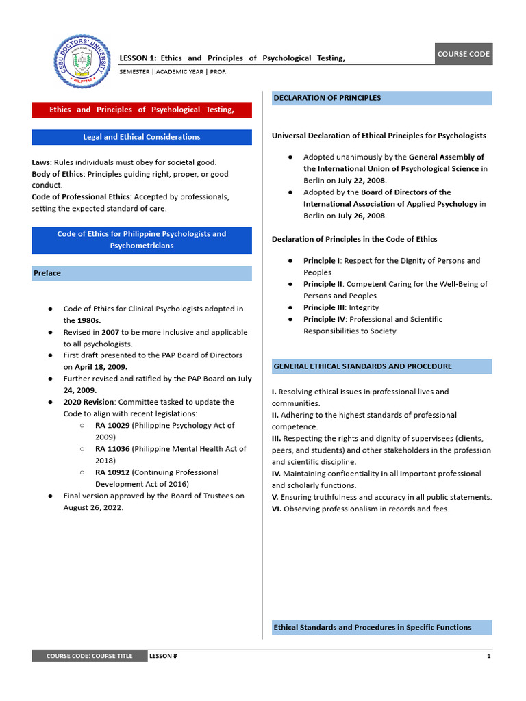 PSYCH ASSESS - Ethics and Principles of Psychological Testing ...