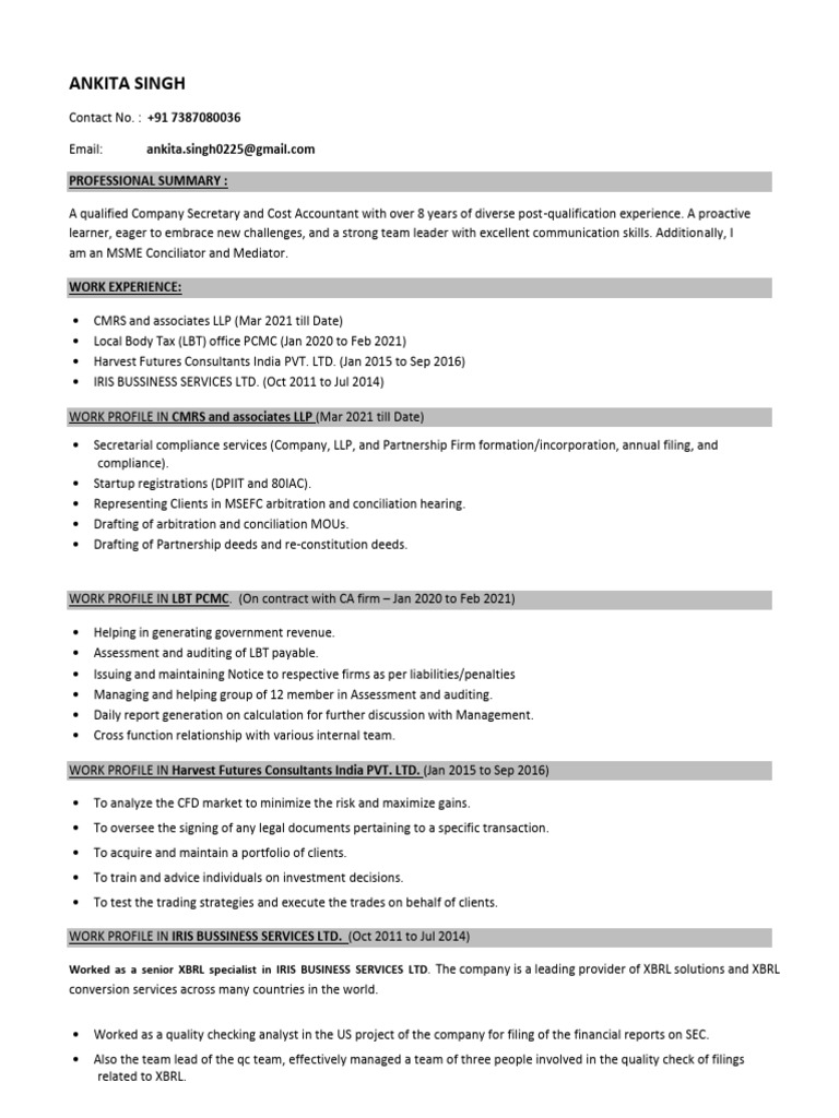 Ankita Singh: Profile at CMRS & Associates | PDF | Limited Liability ...