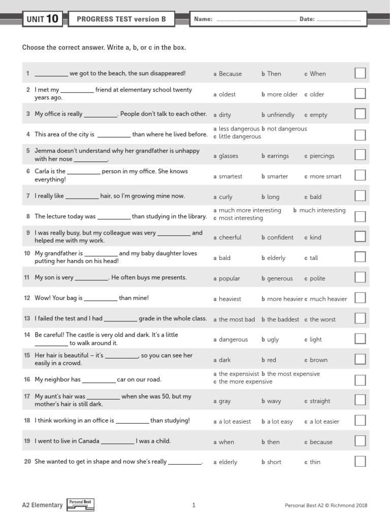 PB AmE A2 Unit Test U10 Version B | PDF