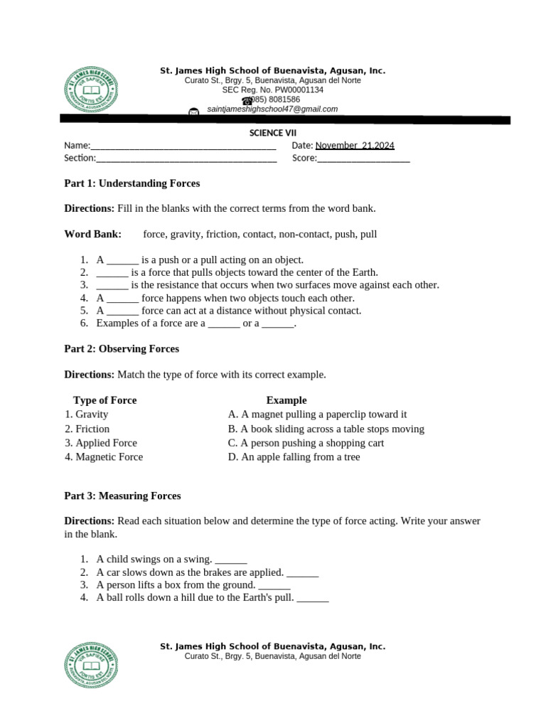 Understanding Forces: Grade 7 Science Worksheet | PDF | Force | Friction
