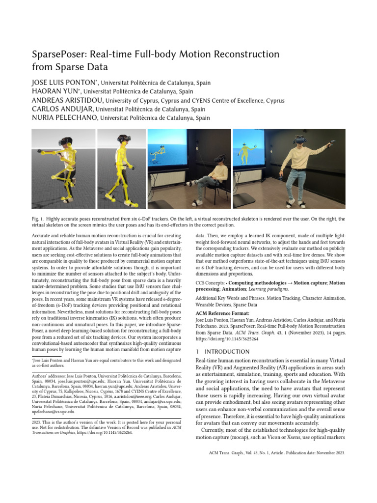 SparsePoser: Real-time Full-body Motion Reconstruction from Sparse Data ...