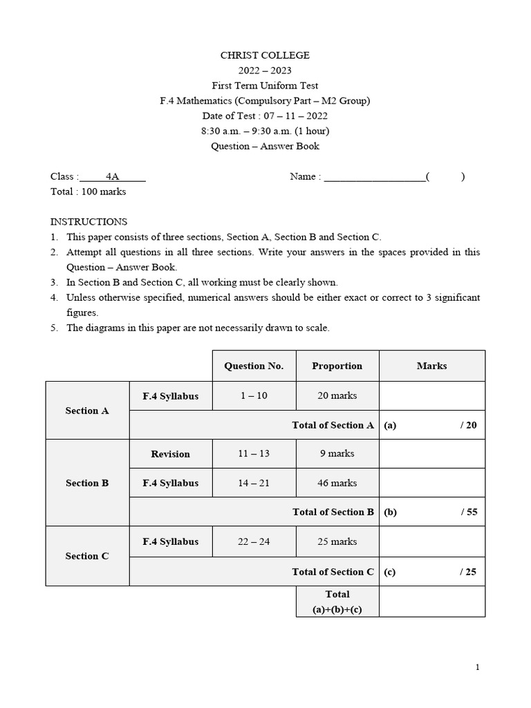 F.4 Mathematics Uniform Test 2022-23 | PDF | Line (Geometry ...