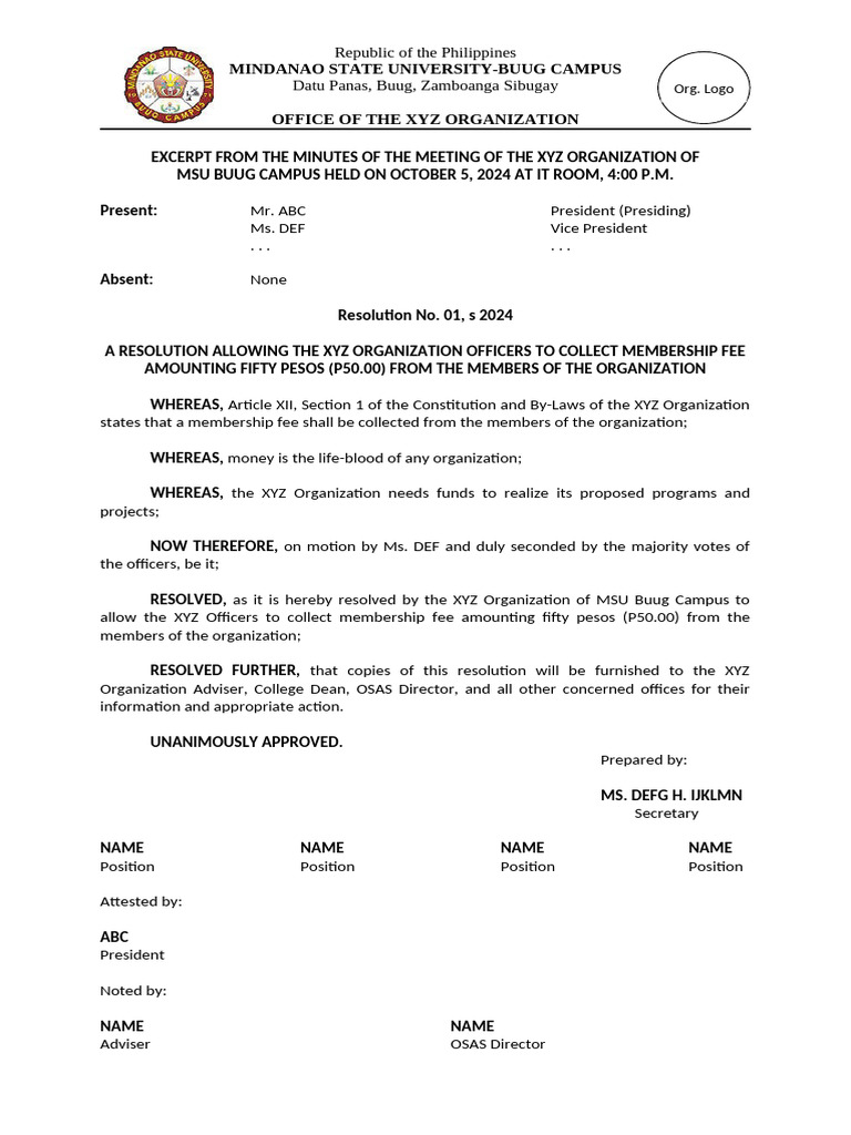 XYZ Organization Membership Fee Resolution | PDF
