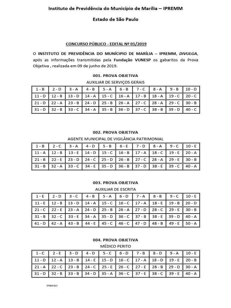 Vunesp 2019 Ipremm SP Auxiliar de Servicos Gerais Gabarito | PDF