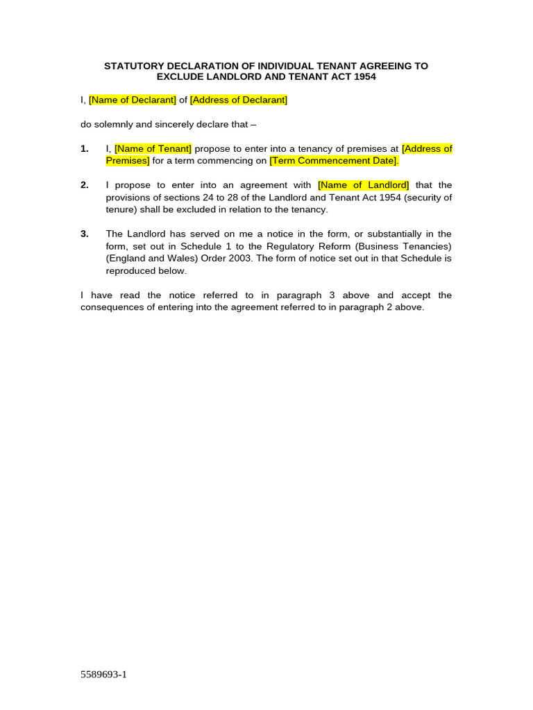 Tenant Declaration Excluding 1954 Act Rights | PDF | Leasehold Estate ...