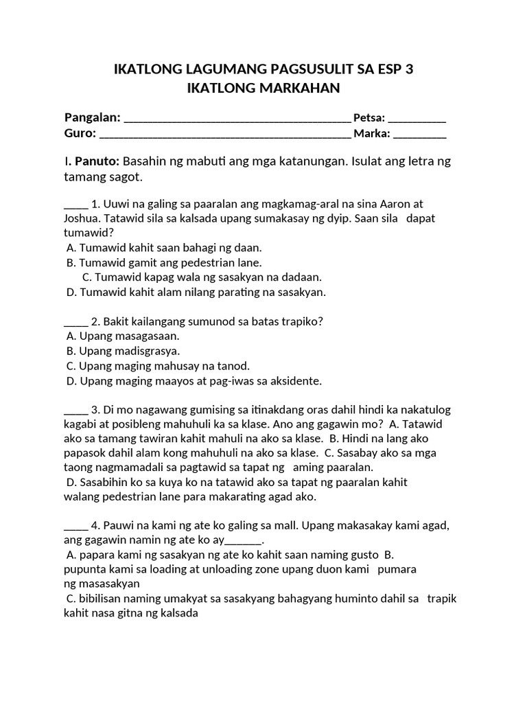 Q3 Ikatlong Lagumang Pagsusulit Sa Esp 3 | PDF