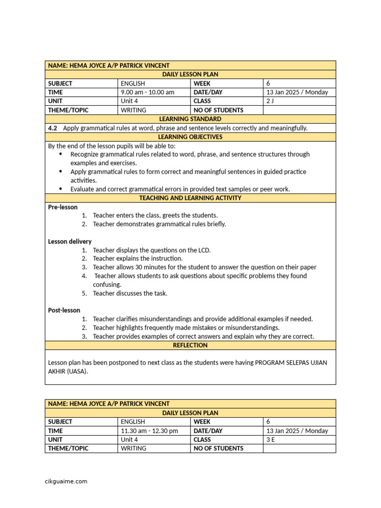 English Lesson Plan: Grammar Focus | PDF | Reading Comprehension ...