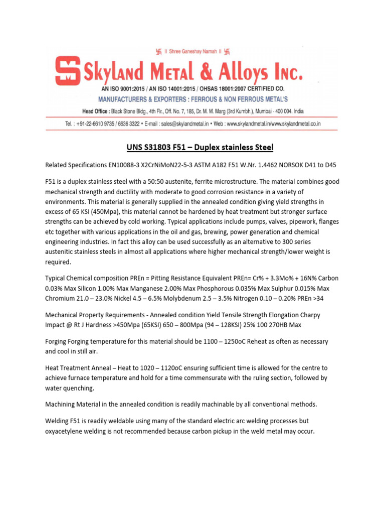 F51 Duplex Stainless Steel Overview | PDF