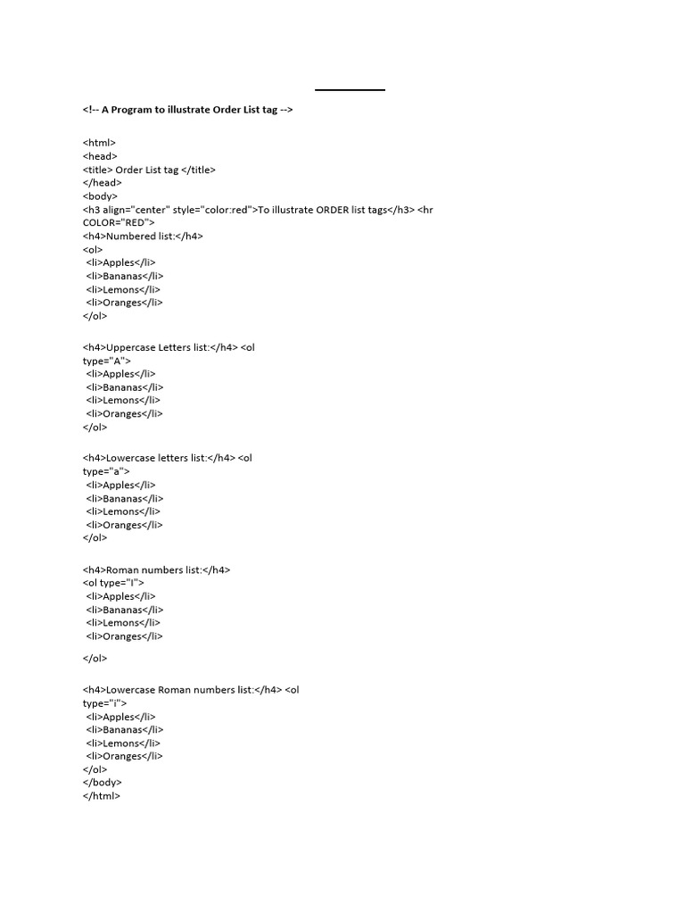 HTML Ordered List Examples | PDF