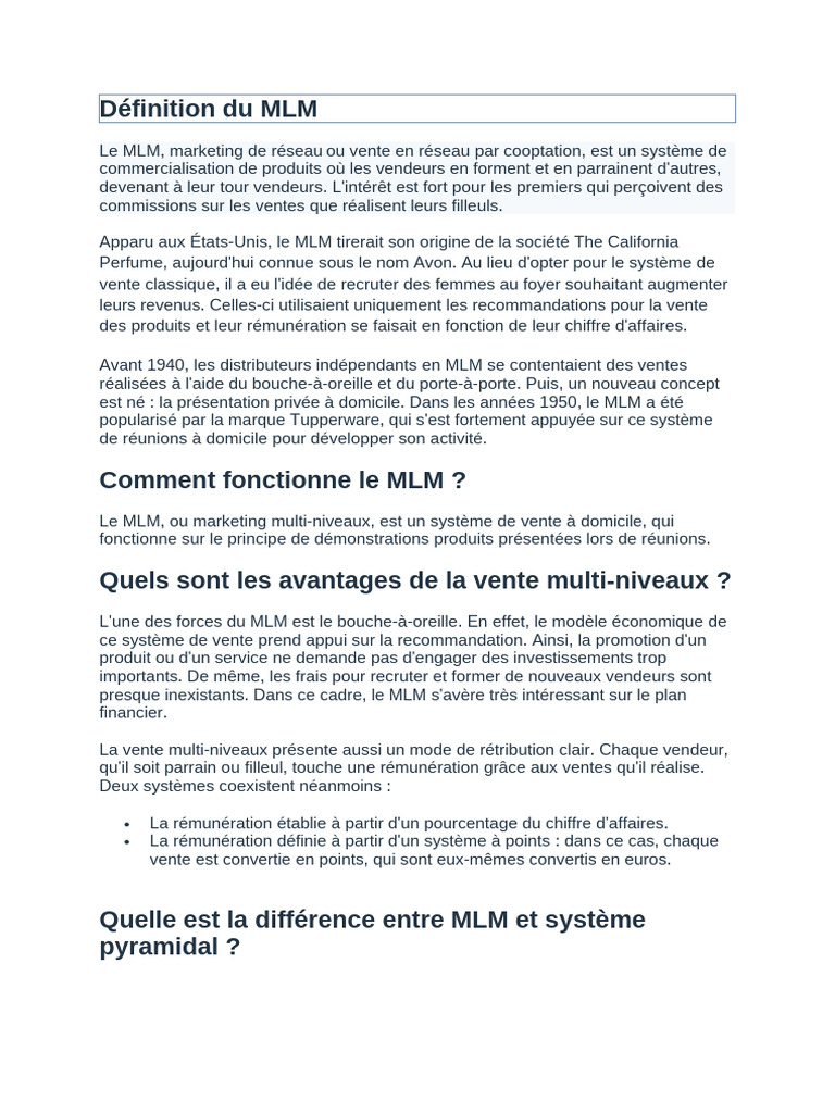 Définition et fonctionnement du MLM | PDF | Vente multiniveau | Économie