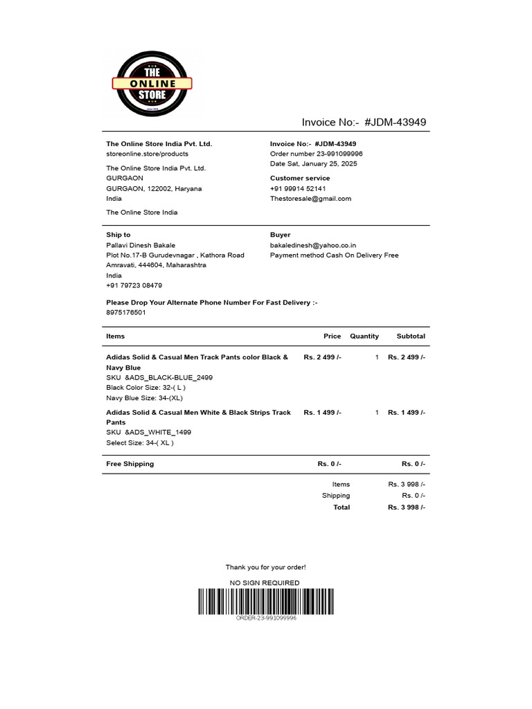 Tax Invoice #JDM-43949 For Order #23-991099996 | PDF
