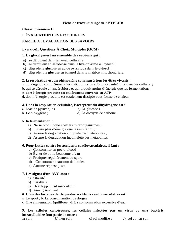 Évaluation SVTEEHB : QCM et QRO | PDF | Respiration cellulaire | CD4