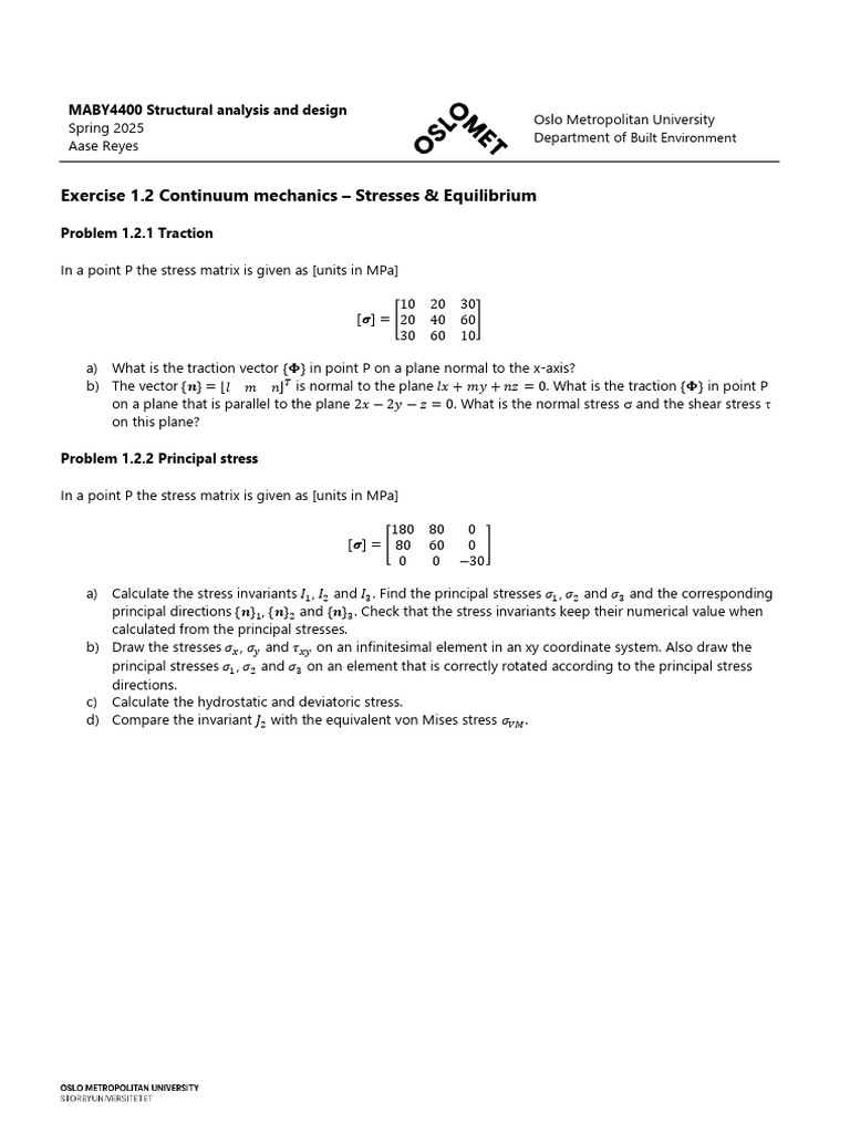 Structural Analysis: Continuum Mechanics Exercises | PDF | Stress ...