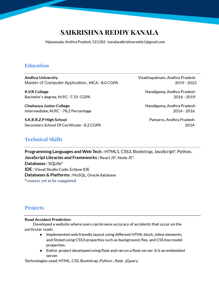 Saikrishna Reddy Kanala - MCA Graduate Resume | PDF | Java Script ...