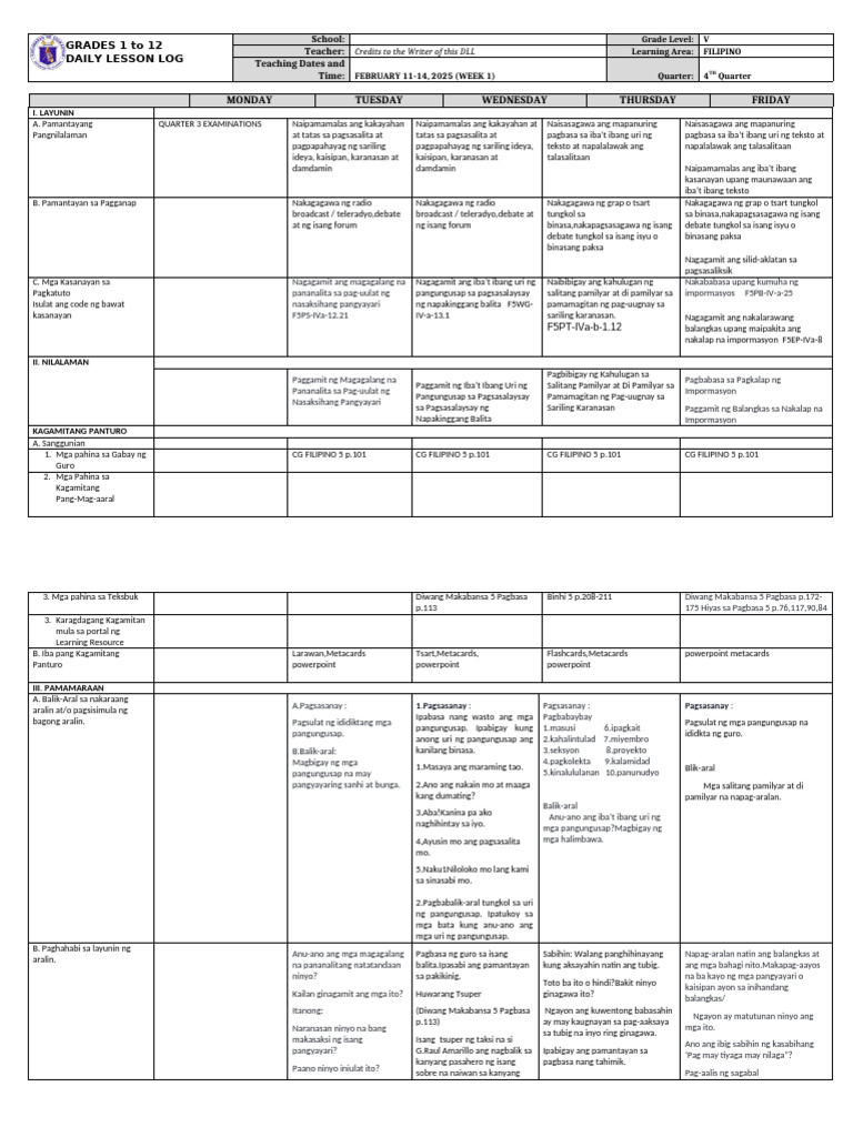Grade 5 DLL FILIPINO 5 Q4 Week 1 | PDF