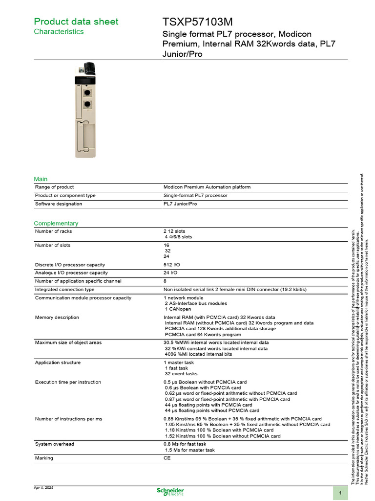 Modicon TSXP57103M Data Sheet | PDF | Programmable Logic Controller ...
