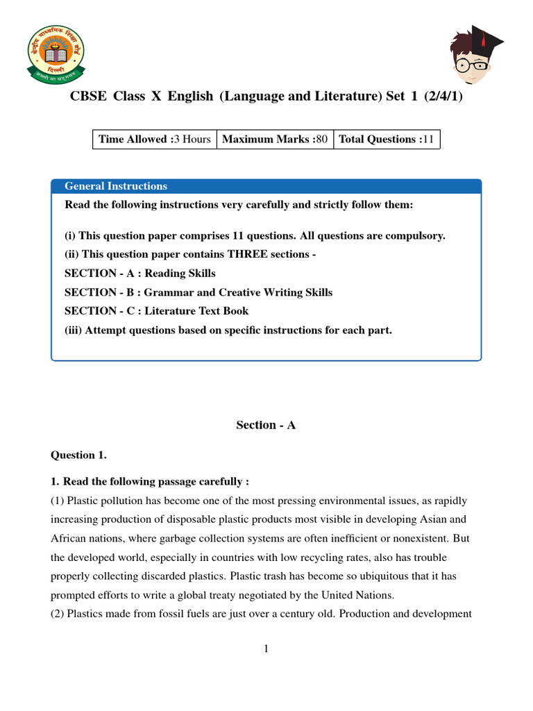CBSE Class 10 English Question Paper 2024 Set 1 2 4 1 | PDF | Crop ...