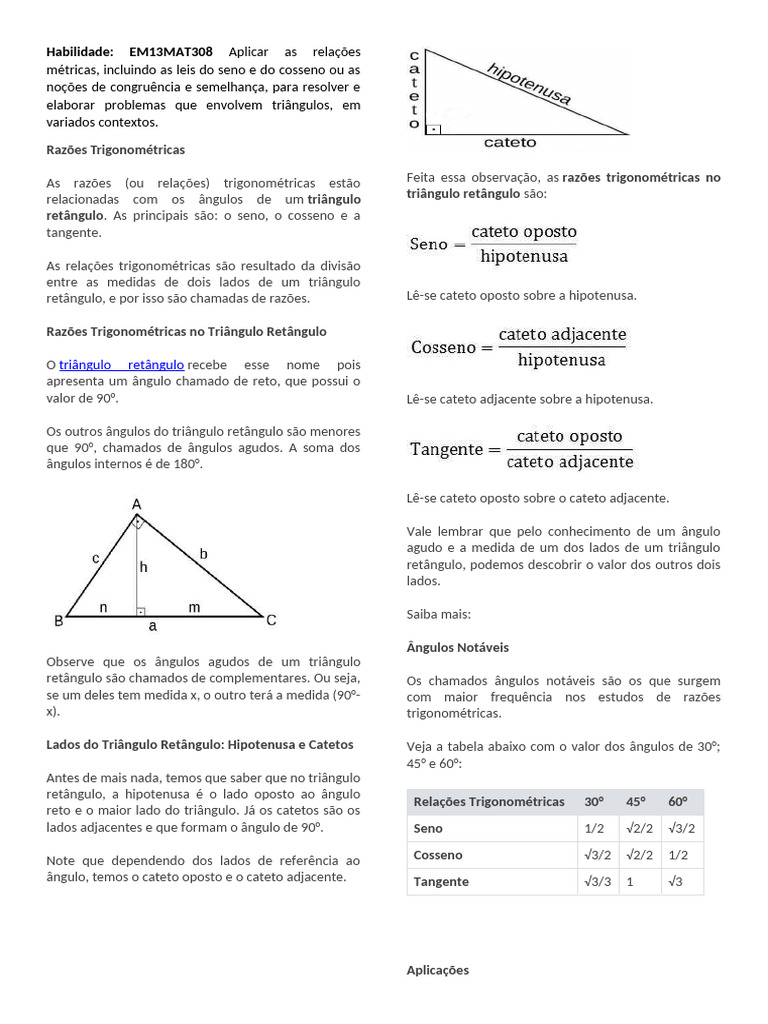 Razões Trigonométricas em Triângulos Retângulos | PDF | Trigonometria ...