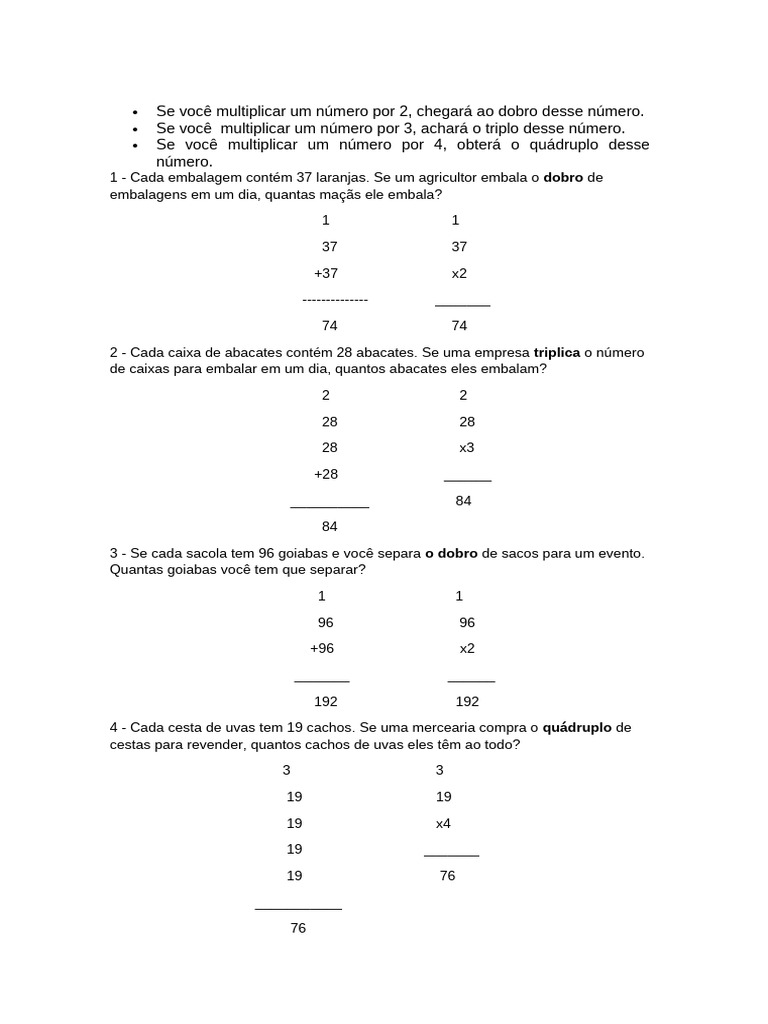 Cálculos de Dobro, Triplo e Quádruplo | PDF