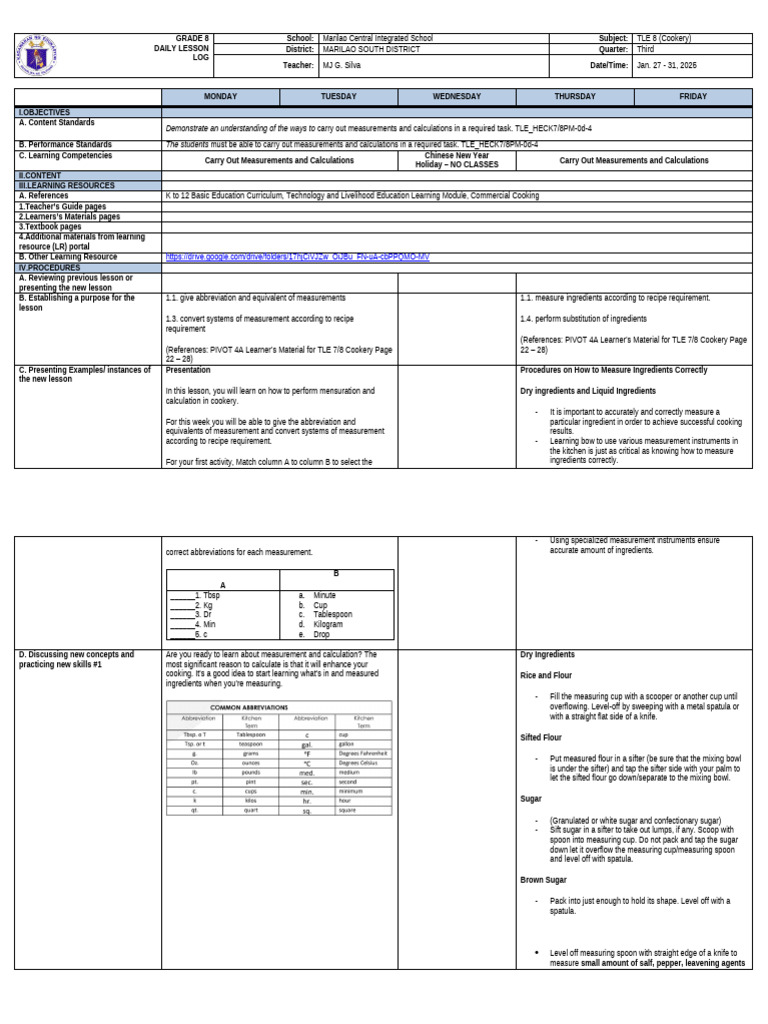 Grade 8 TLE Cookery Lesson Plan | PDF | Tablespoon