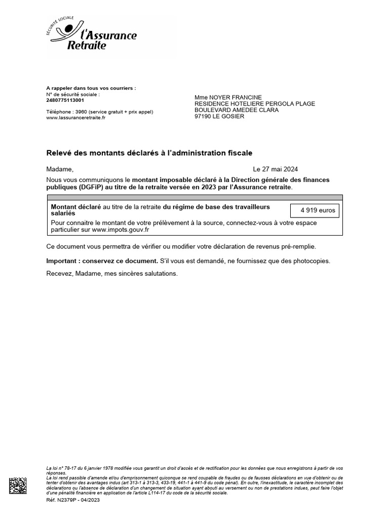 Attestation de paiement retraite 2023 | PDF | Retraite