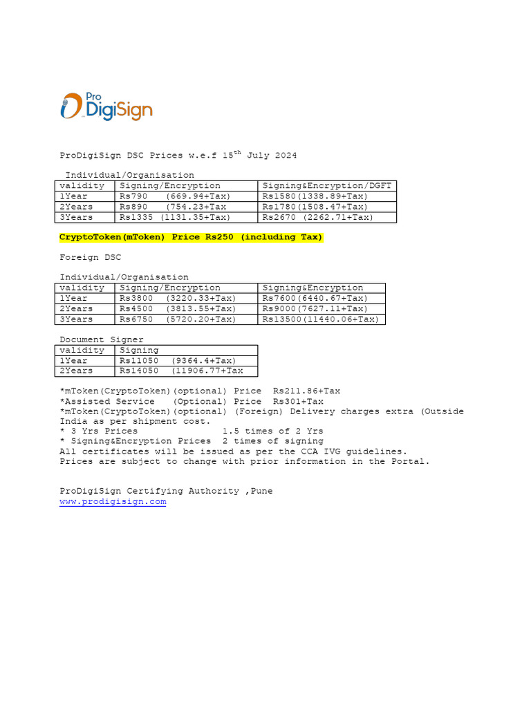 ProDigiSign DSC Pricing Details 2024 | PDF