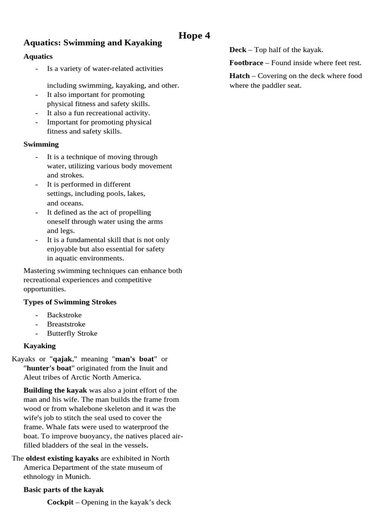Aquatic Activities: Swimming & Kayaking Guide | PDF | Kayak | Swimming