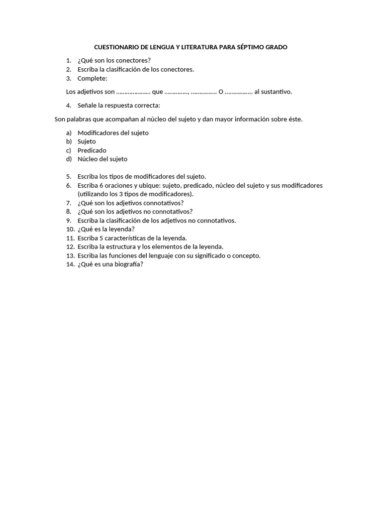 Cuestionario de Lengua y Literatura | PDF