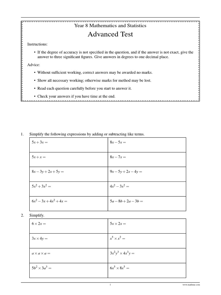 Year 8 Advanced Math Test Guide | PDF