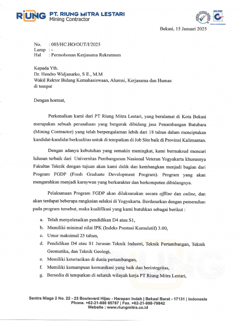 Surat Permohonan Kerjasama Rekrutmen - PT Riung Mitra Lestari ...