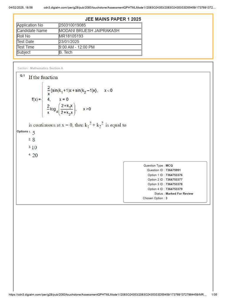 JEE Mains 2025 Mathematics MCQs | PDF | Multiple Choice | Educational ...