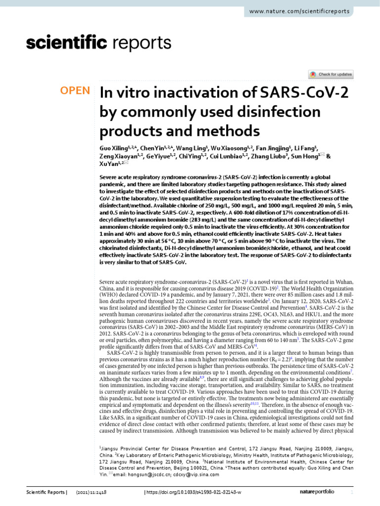 9 in Vitro Inactivation of SARS CoV 2 by Commonly Used Disinfection ...