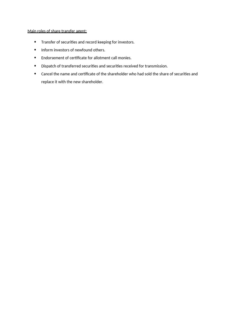 Main Roles of Share Transfer Agent | PDF