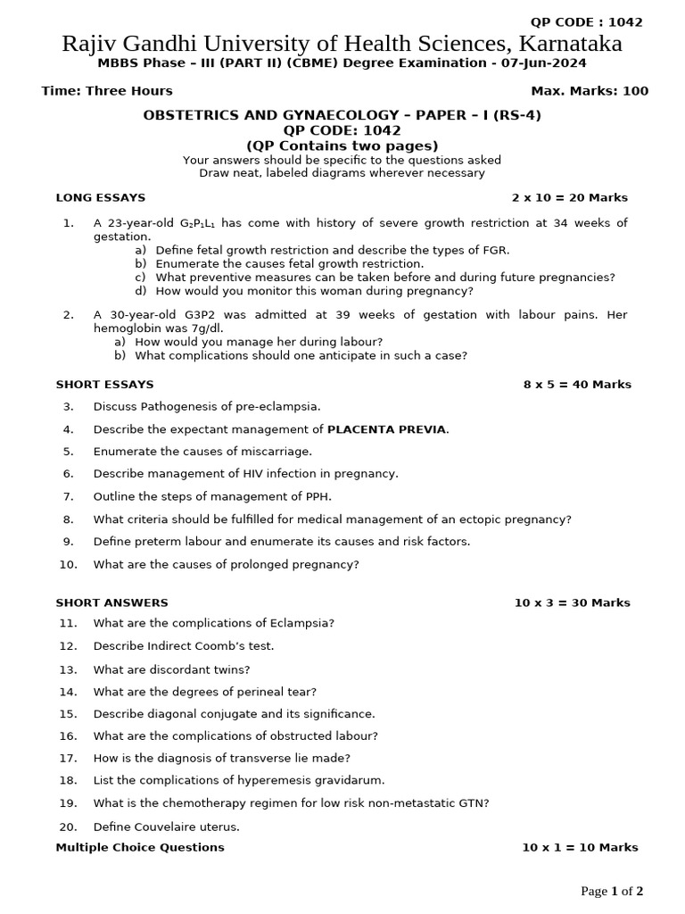 MBBS OBG Paper I Exam Questions 2024 | PDF | Childbirth | Pregnancy