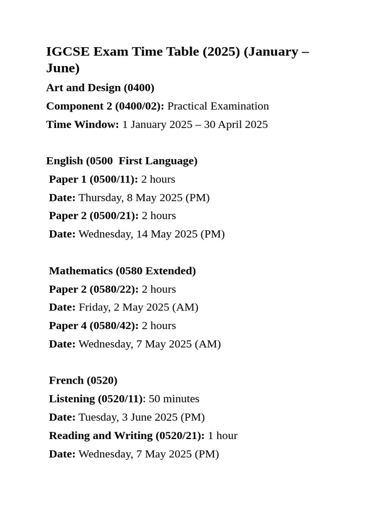 Igcse exam time table pdf