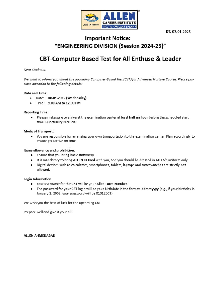Allen CBT Login Instructions and Details | PDF