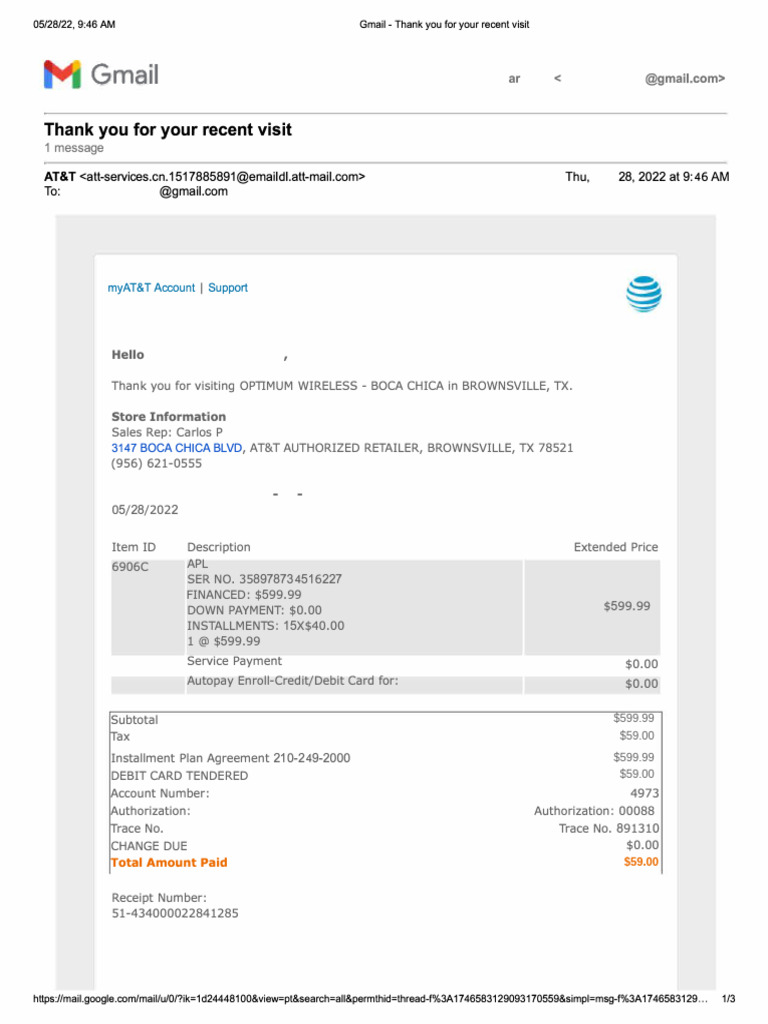 AT&T Purchase Receipt - Brownsville, TX | PDF | Debit Card | Payments