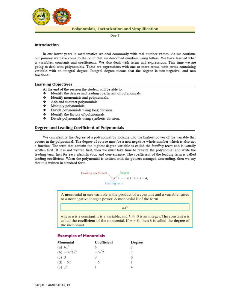 03 Day3 Algebra Bridging | PDF | Polynomial | Factorization