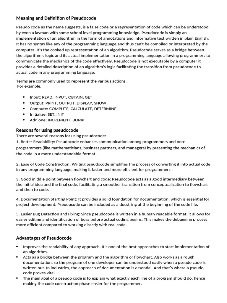 Meaning and Definition of Pseudocode | PDF | Control Flow | Computer ...