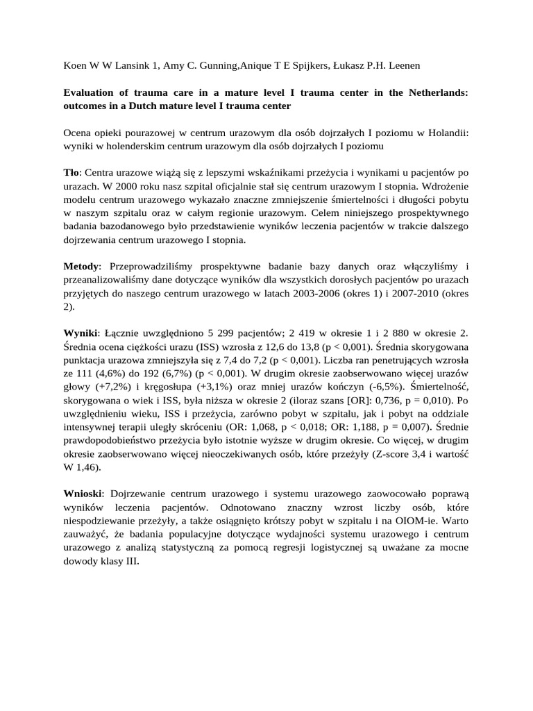 Evaluation of Trauma Care in A Mature Level I Trauma Center in The | PDF