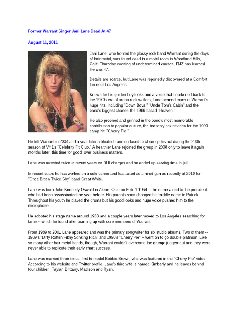 Jani Lane of Warrant Found Dead at 47 | PDF | Rock Music | Sound Recording