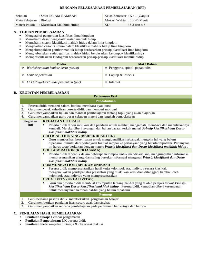 RPP Klasifikasi Makhluk Hidup Biologi | PDF