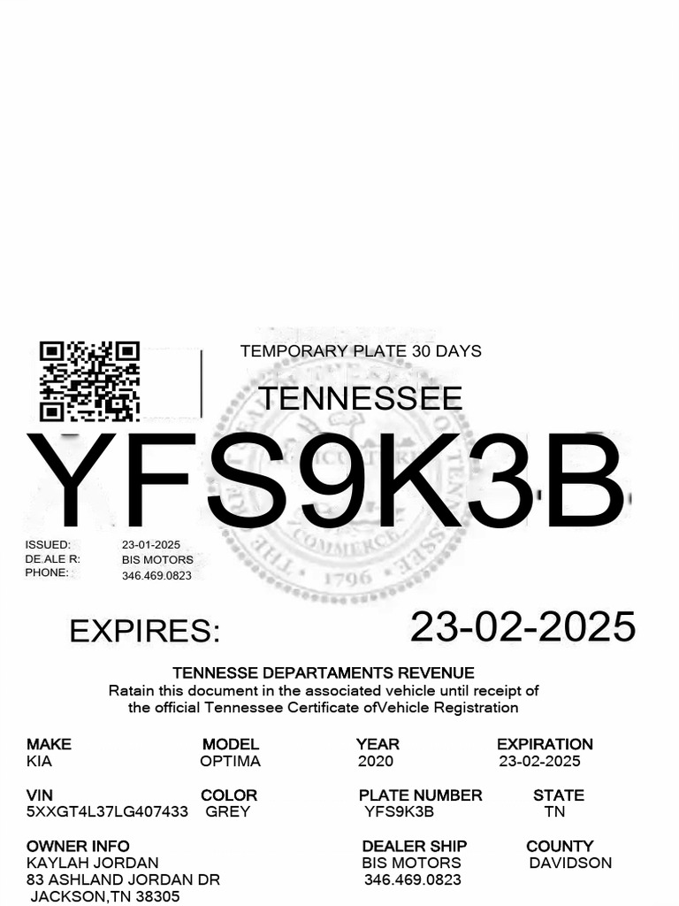 Tennessee Temporary License Plate 2025 | PDF